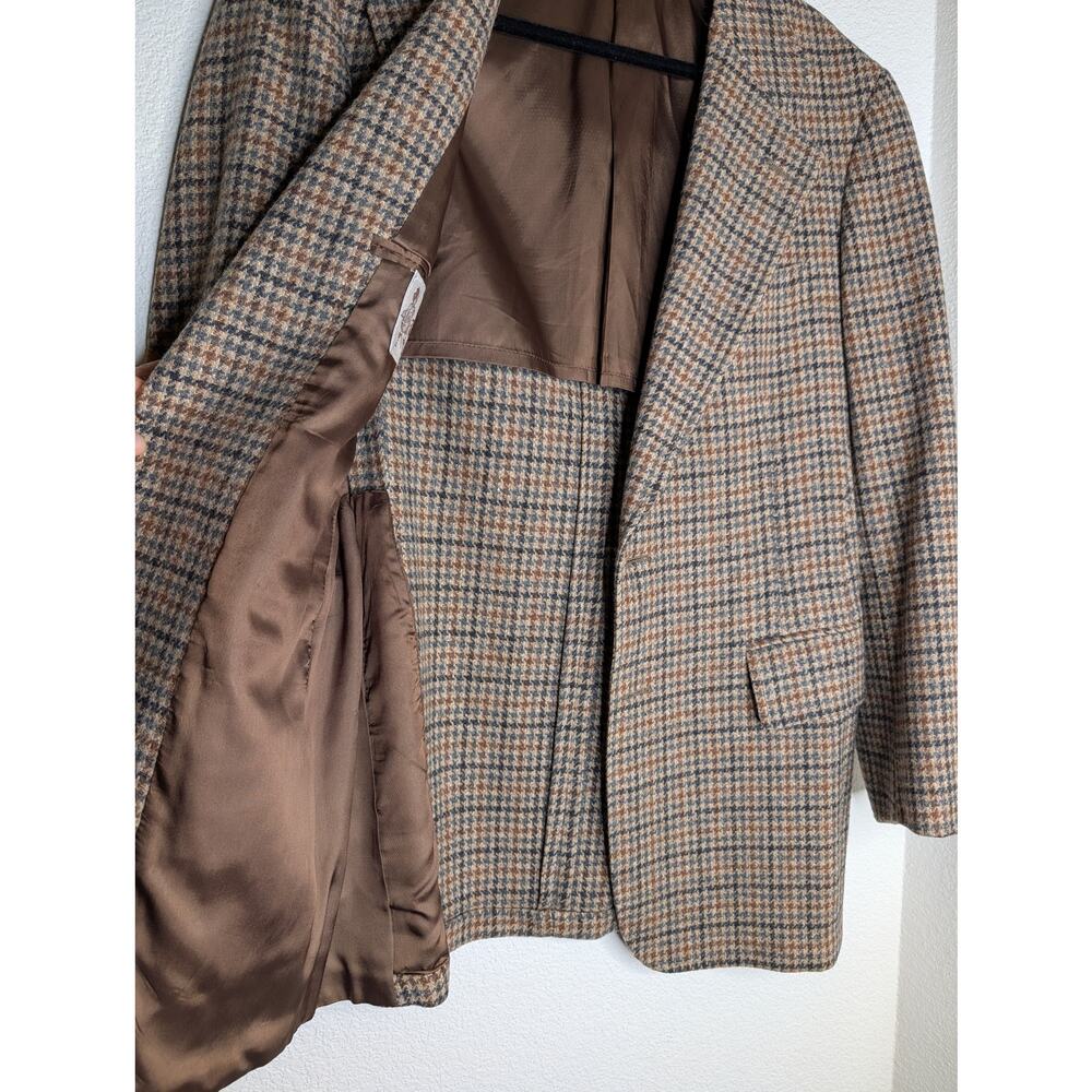 VTG 70s Men 100% Wool Blazer Tweed Houndstooth Leather M/L Preppy Equestrian - Picture 5 of 7